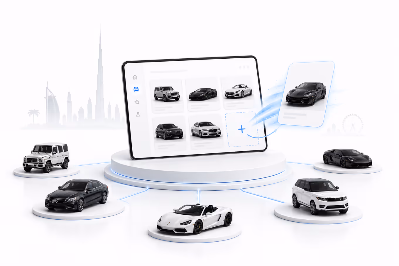 Illustratie van het Dzdubai partnerprogramma voor autoverhuurbedrijven in Dubai